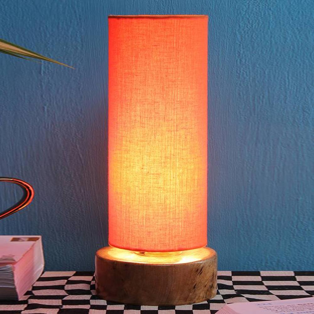 Flint Orange Fabric Shade Table Lamp with Natural Wooden Base