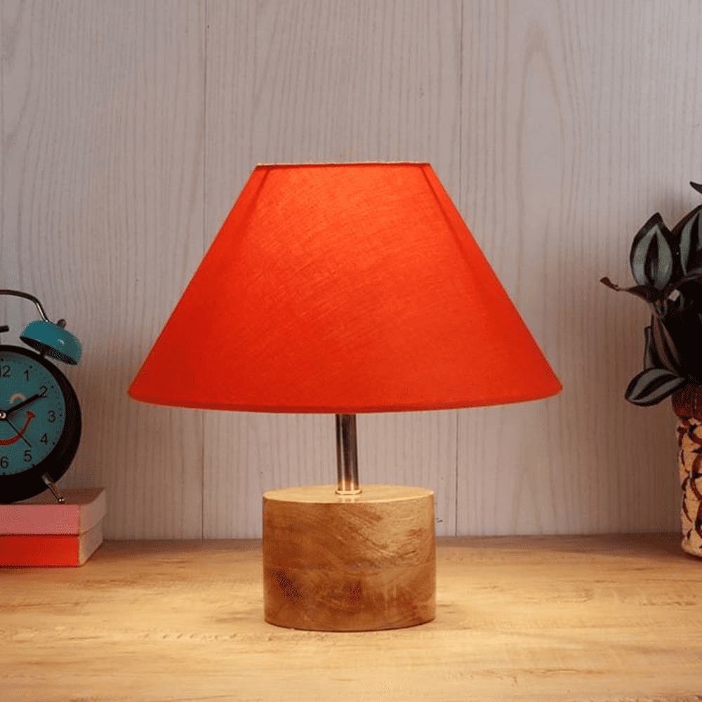 Arundhati Orange Fabric Shade Table Lamp with Natural Wooden Base