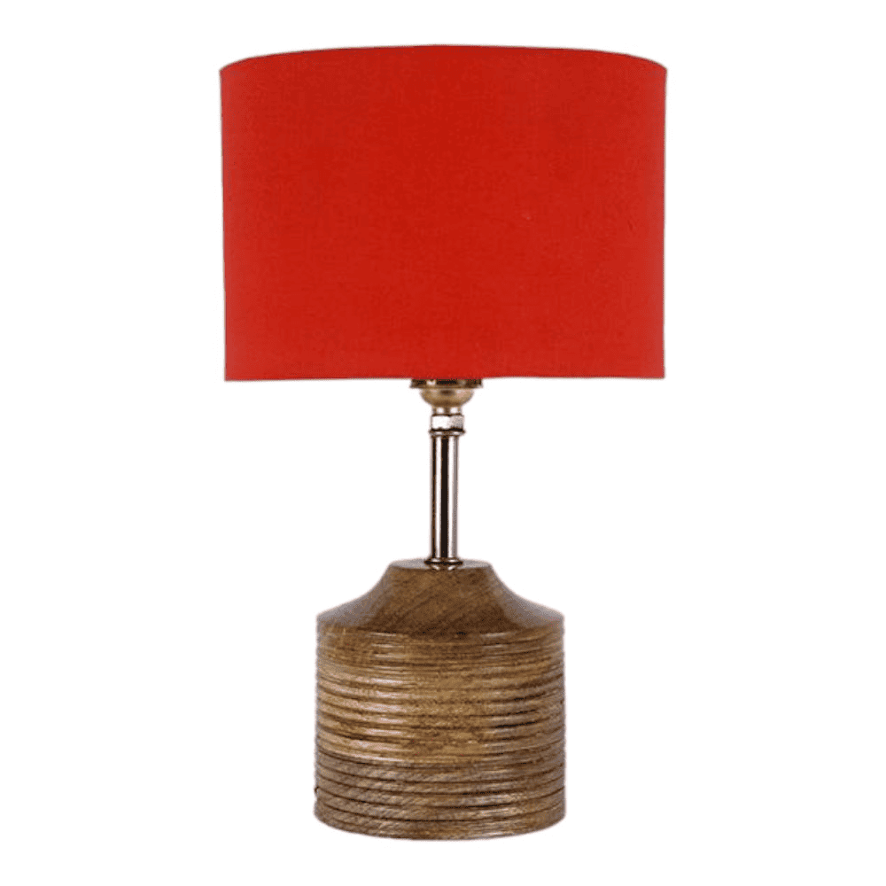 Doris Orange Fabric Shade Table Lamp with Natural Wooden Base