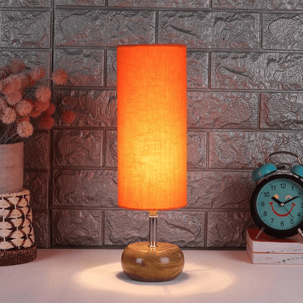 Maryse Orange Fabric Shade Table Lamp with Natural Wooden Base