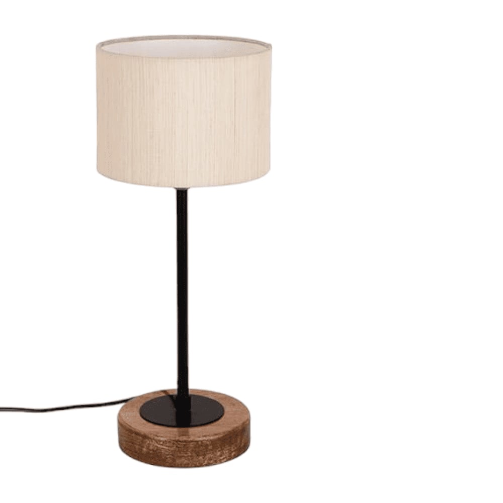 Jad Off White Fabric Shade Table Lamp with Natural Wood & Iron Base