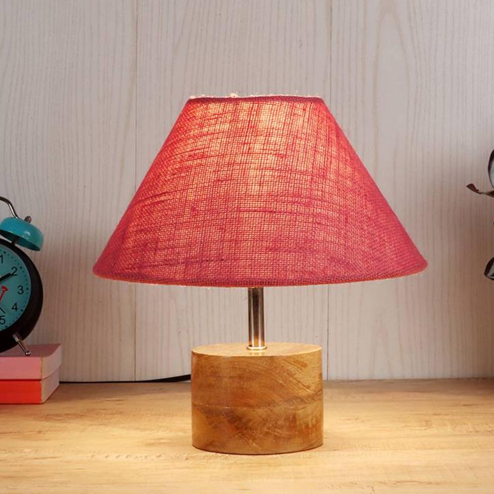 Camille Pink Natural Fiber Shade Table Lamp with Natural Wooden Base - Devansh
