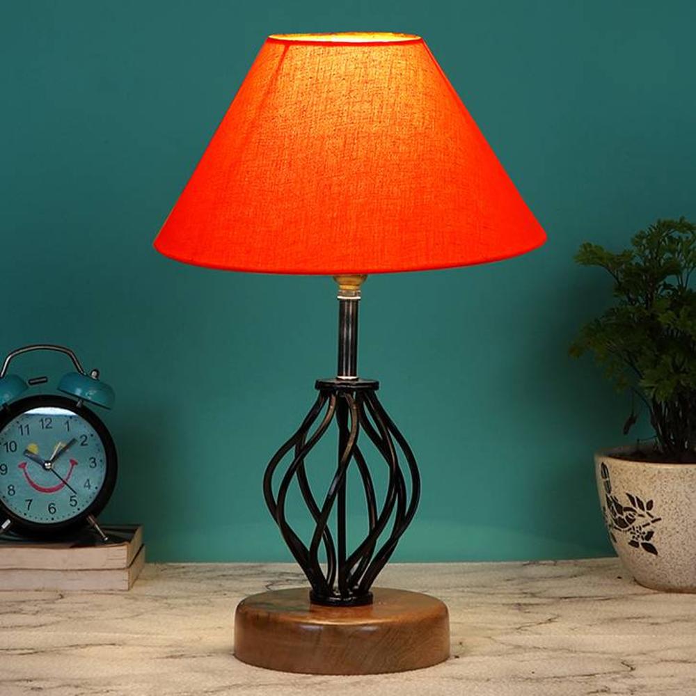 Angela Orange cotton Table lamp with Wood & Iron Base