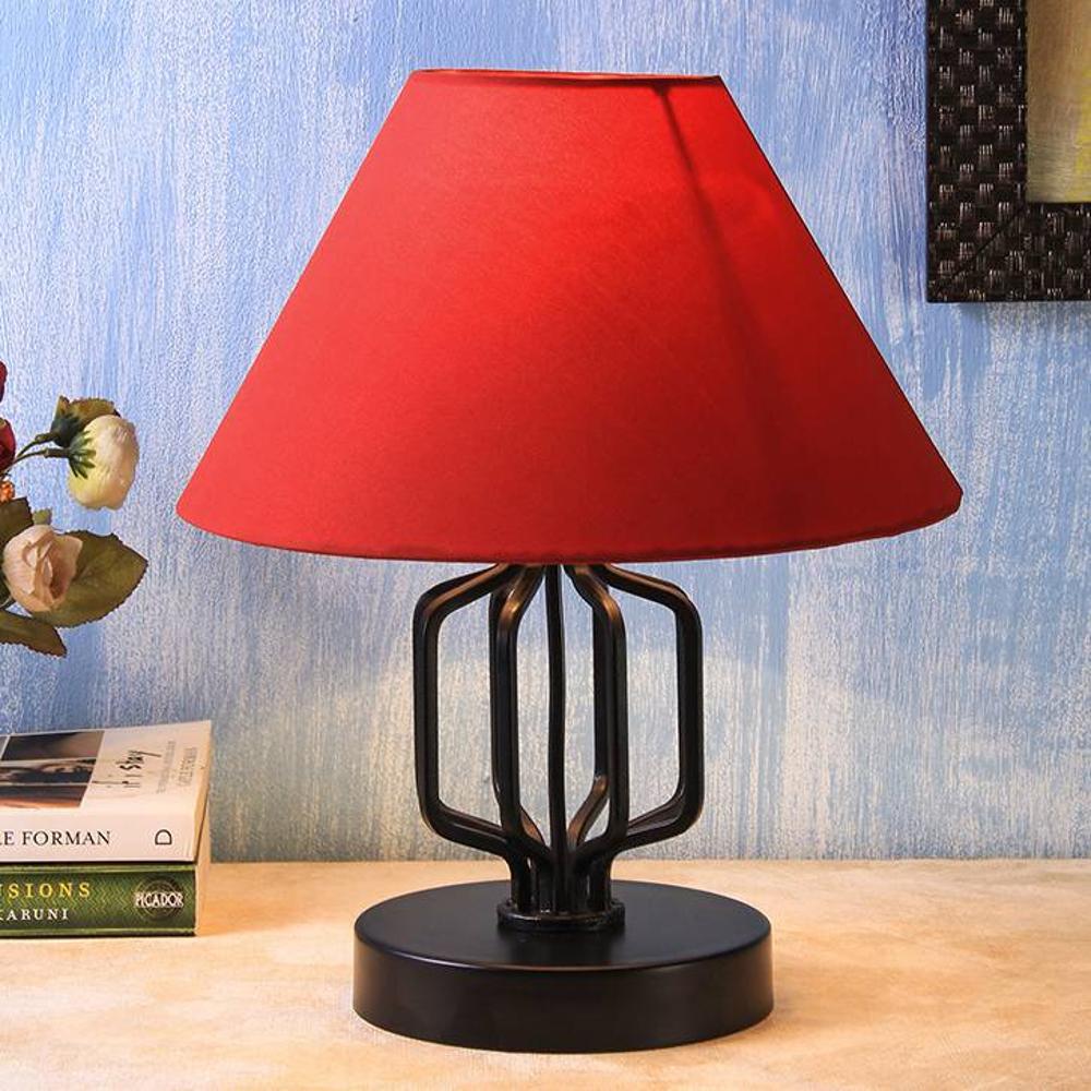 Clive Red Fabric Shade Table Lamp with Black Iron Base - Devansh