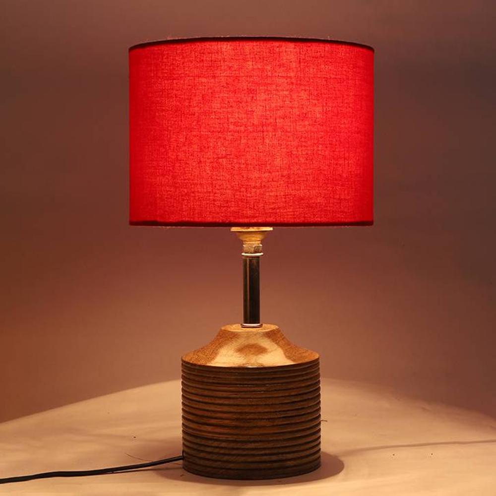 Dorothy Red Fabric Shade Table Lamp with Natural Wooden Base