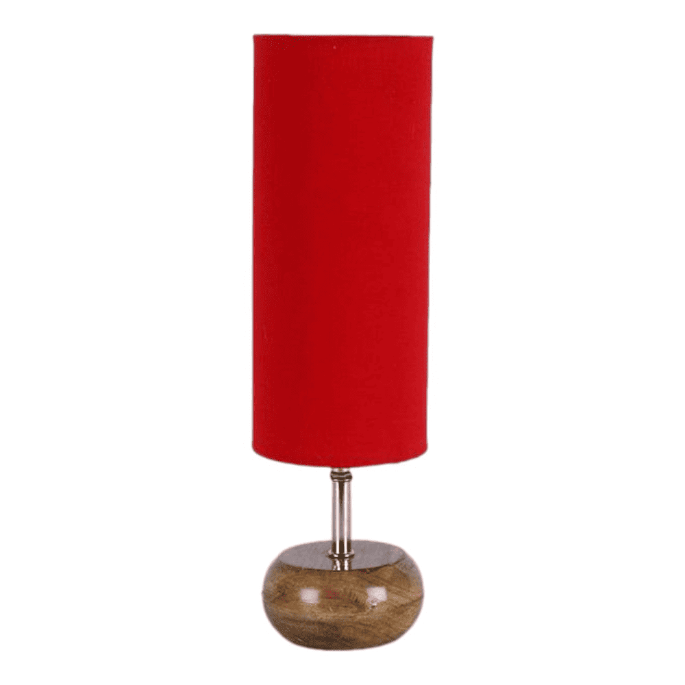 Mary Red Fabric Shade Table Lamp with Natural Wooden Base