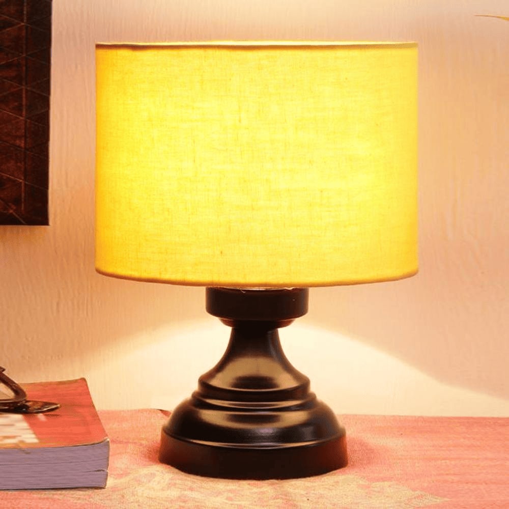 Harleen Yellow Fabric Shade Table Lamp with Black Iron Base