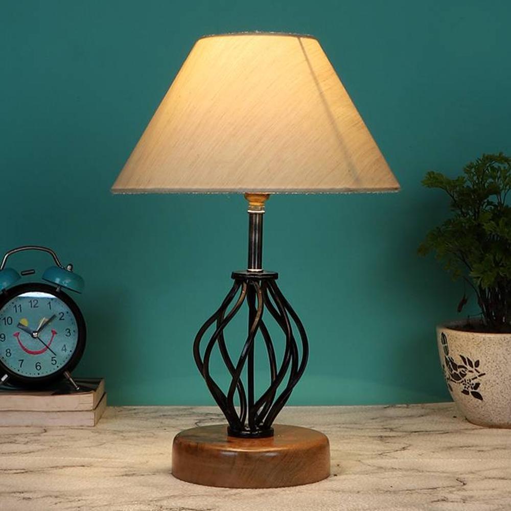 Nyla off-white cotton Table lamp with Wood & Iron Base - Devansh