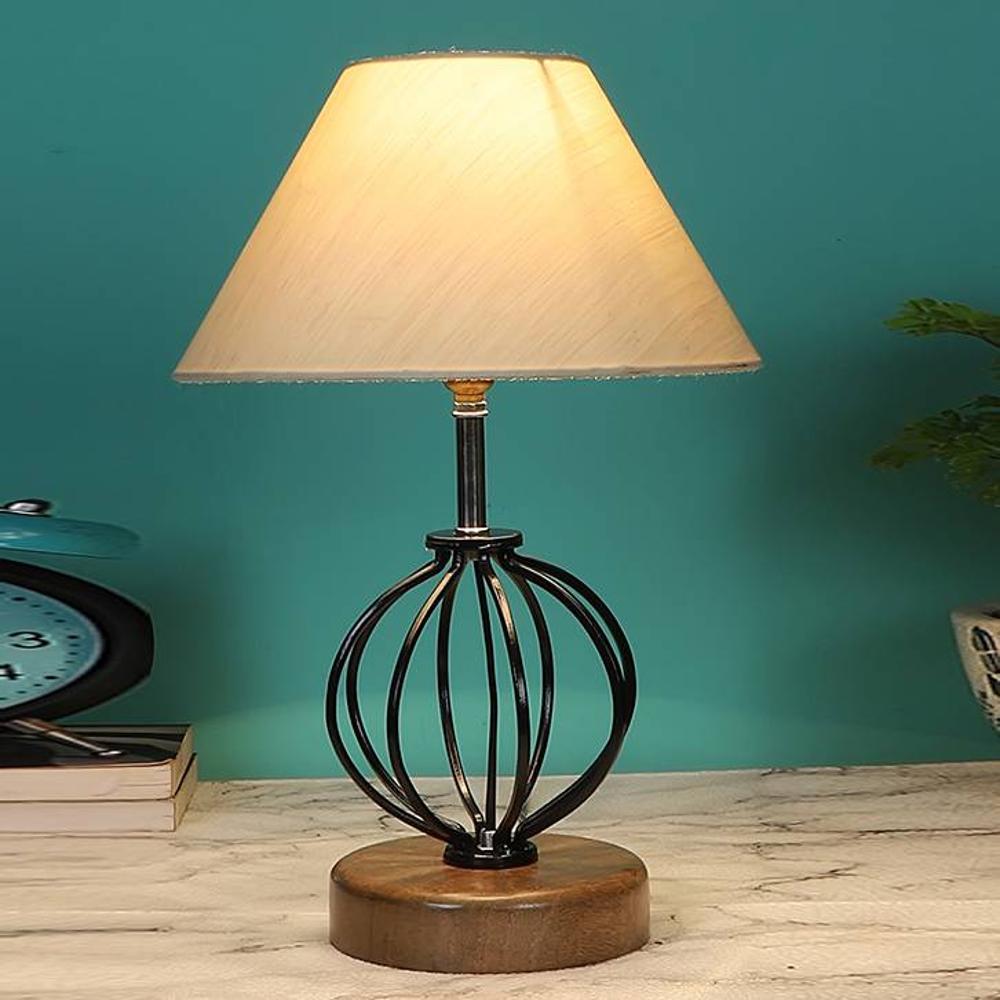 Lennon off-white cotton Table lamp with Wood & Iron Base - Devansh