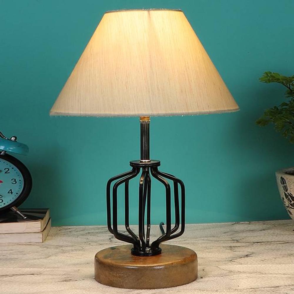 Samara off-white cotton Table lamp with Wood & Iron Base