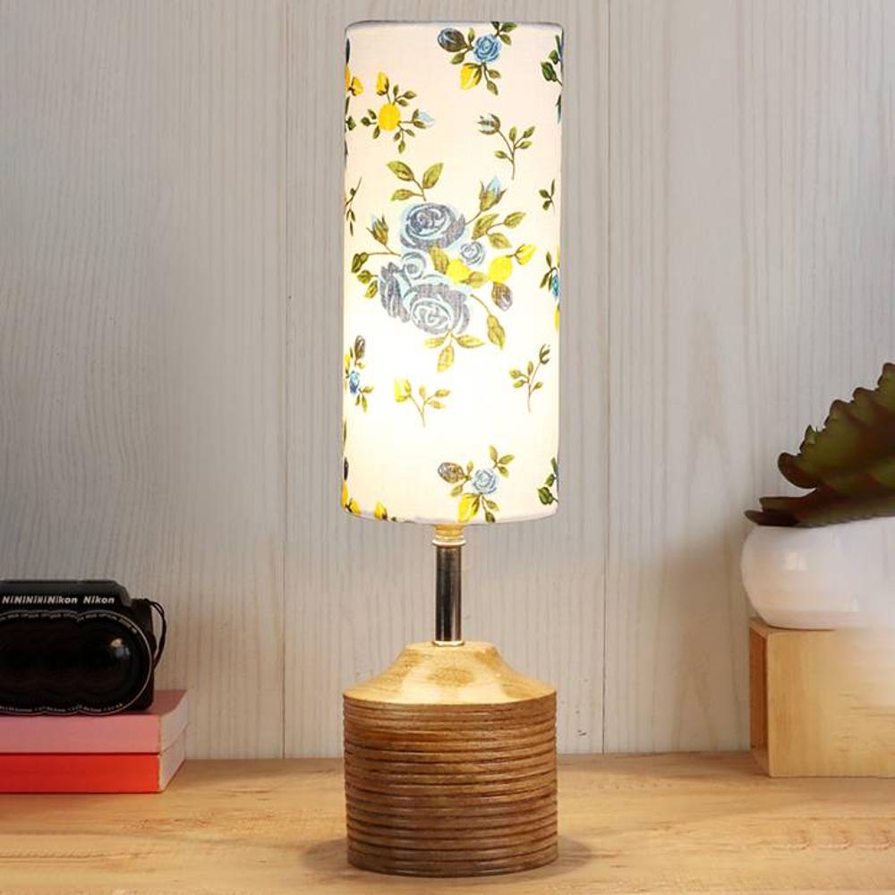 Reese Wood Table lamp with Multicolor cotton Shade