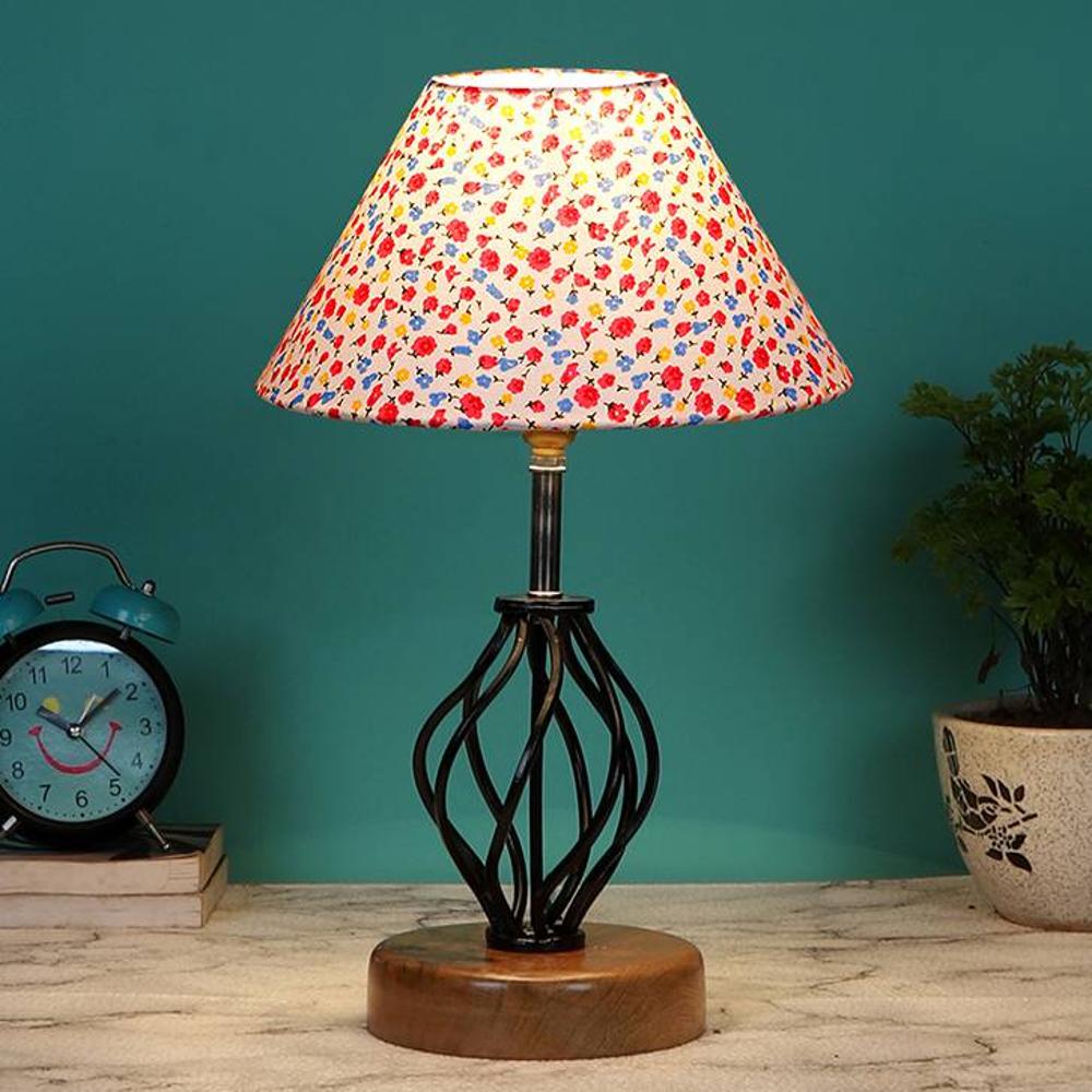 Brooklynn Multicolor cotton Table lamp with Wood & Iron Base - Devansh
