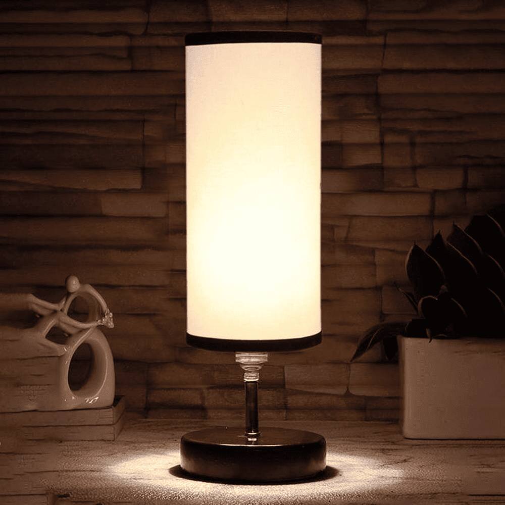 Sinclair white & black cotton table lamp with brown wood base