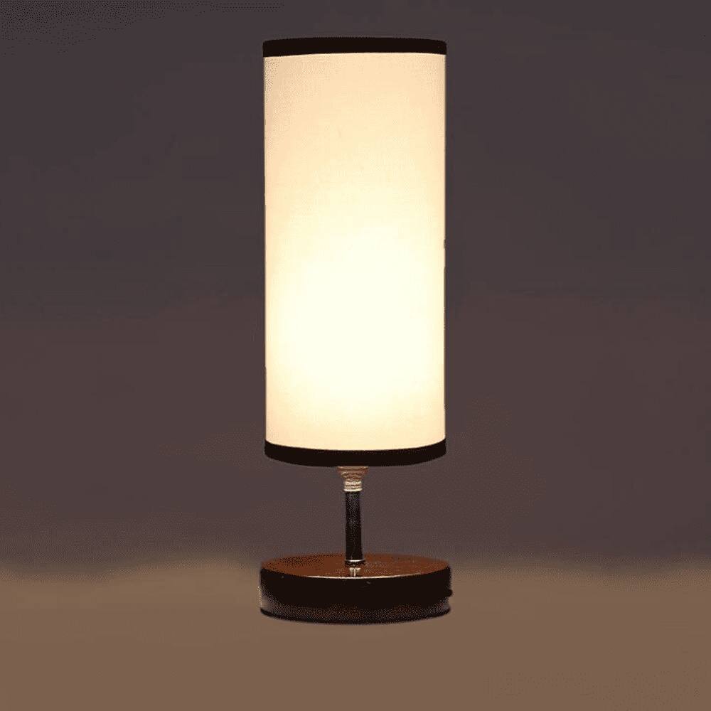 Sinclair white & black cotton table lamp with brown wood base