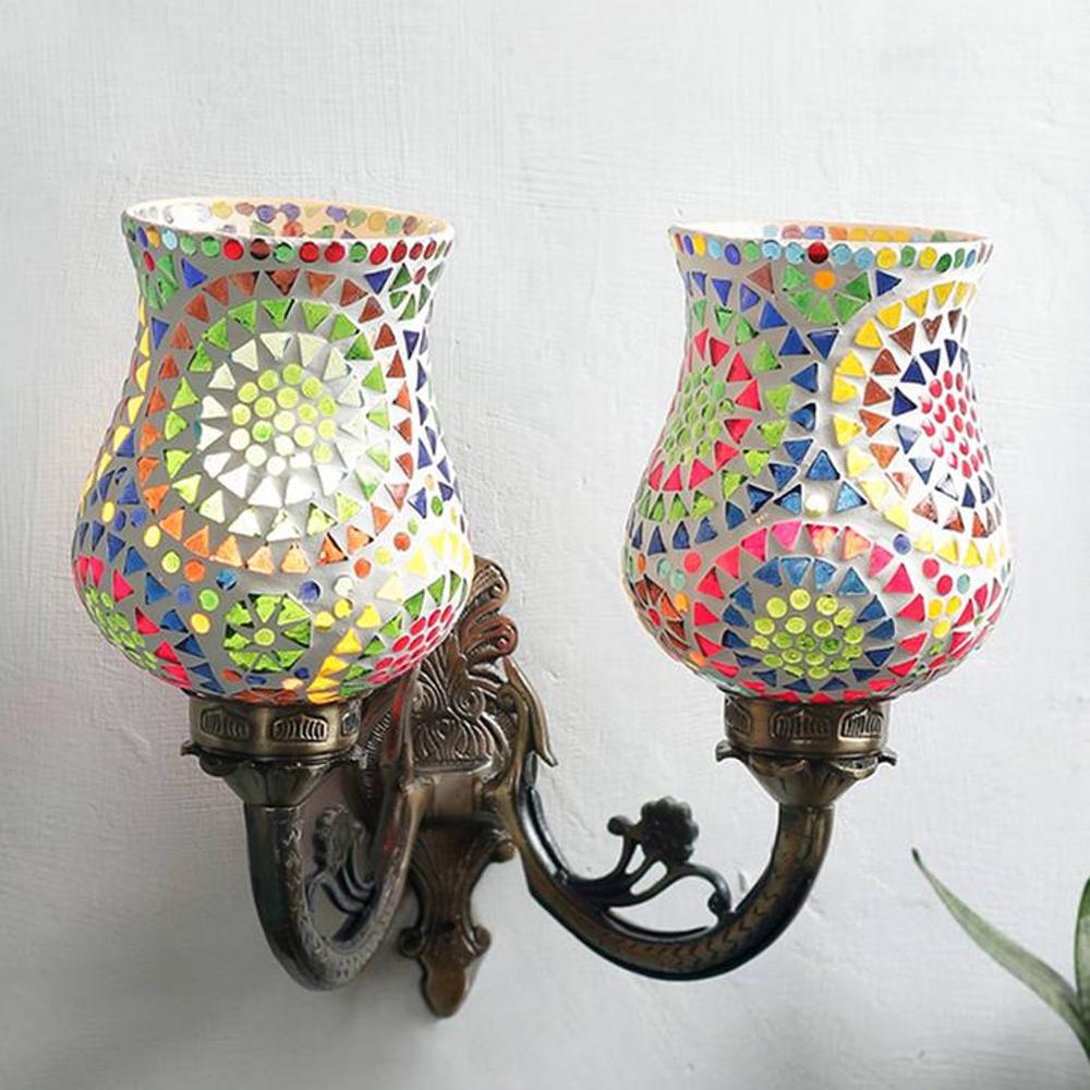 Inis Antique Metal Double Wall Mounted Lamp with Multicolor Mosaic Glass