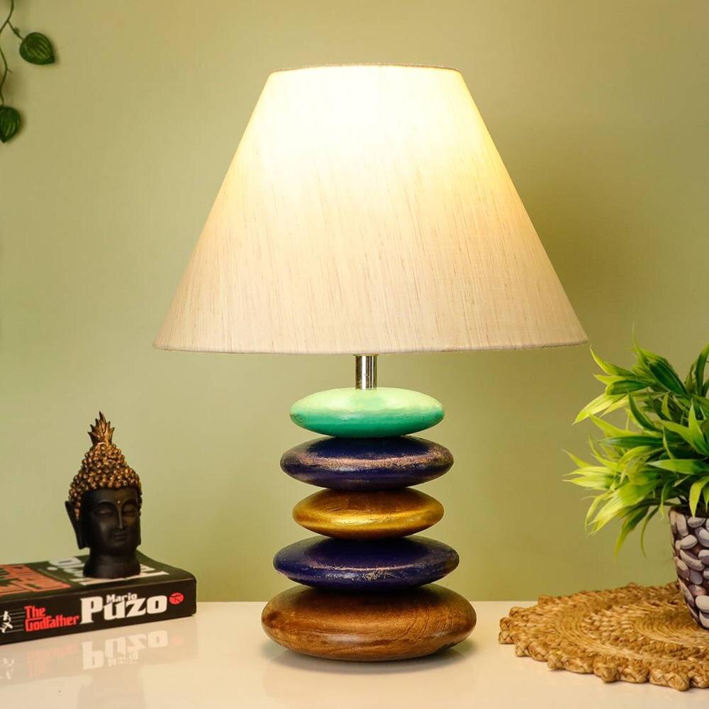 Cleveland Beige Cotton Shade Table Lamp with Solid Wood Base