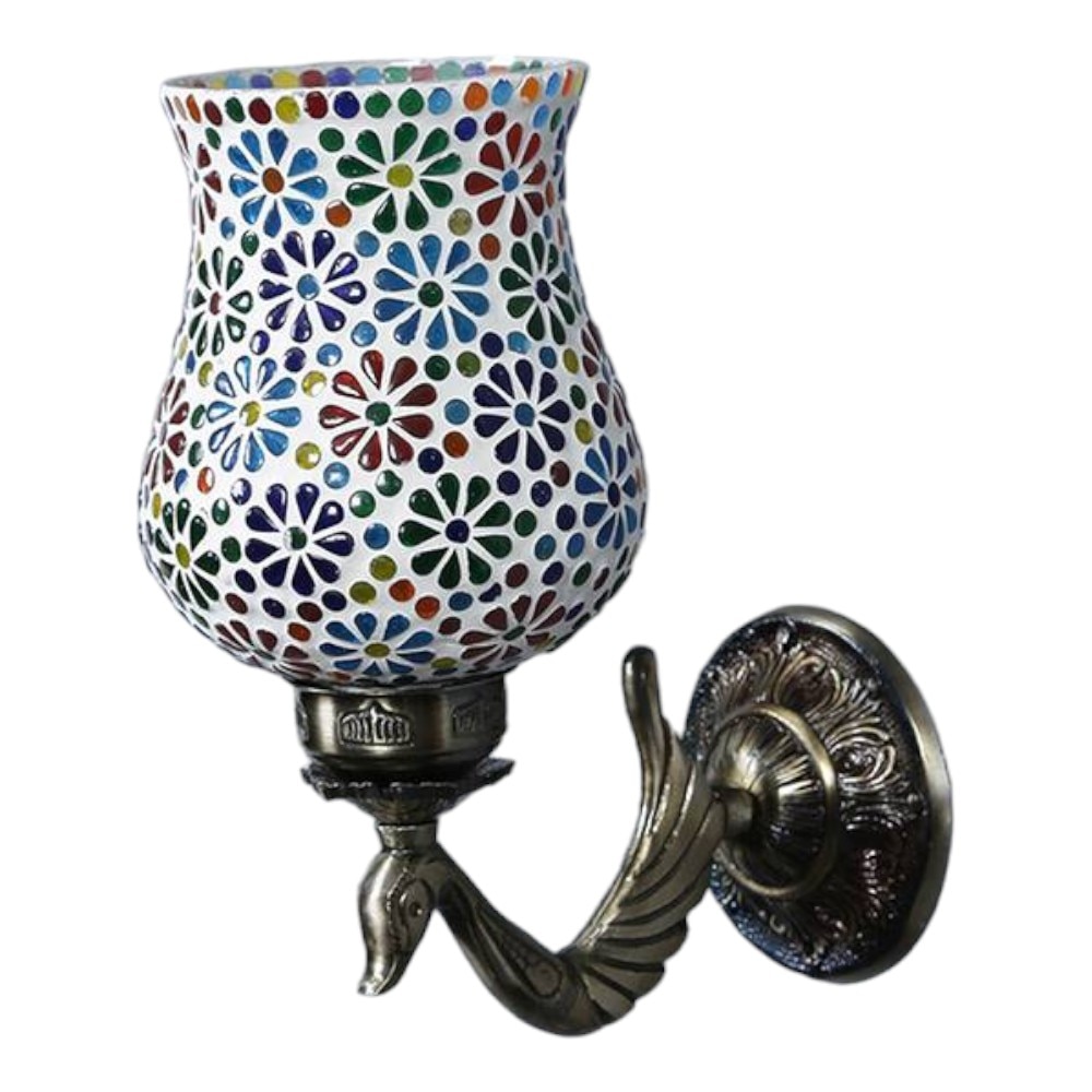 Barbie Antique Metal Peacock Wall Lamp with Multicolor Mosaic Glass