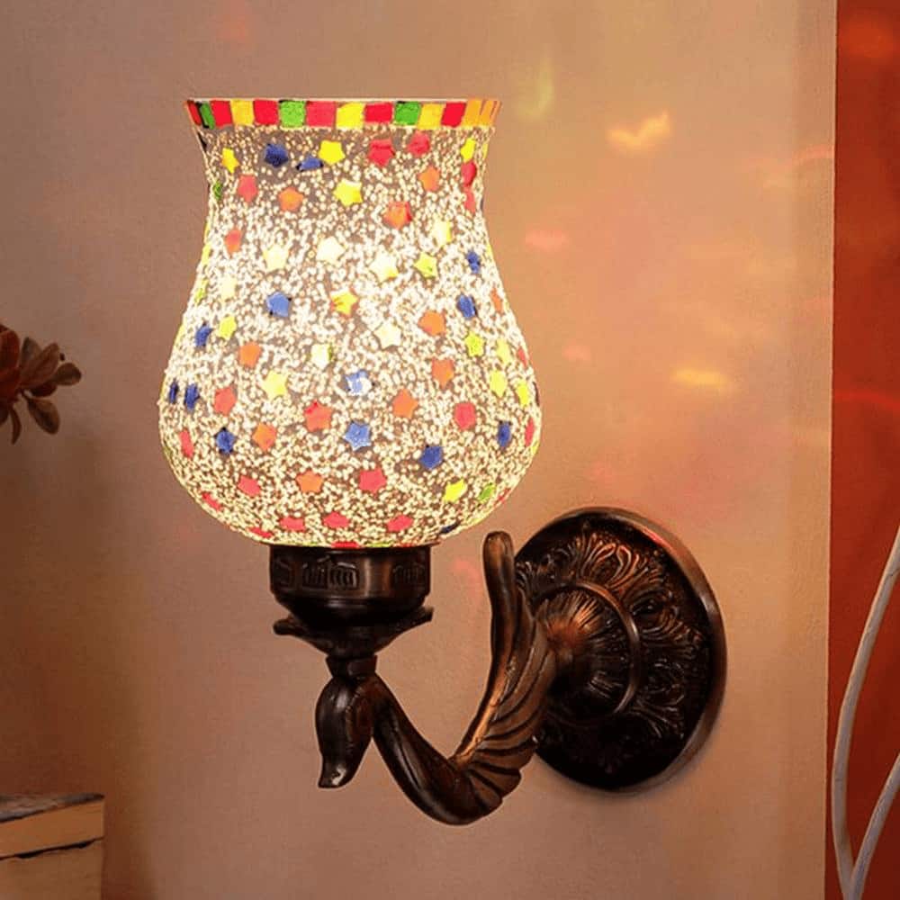 Barley Antique Metal Peacock Wall Lamp with Multicolor Mosaic Glass