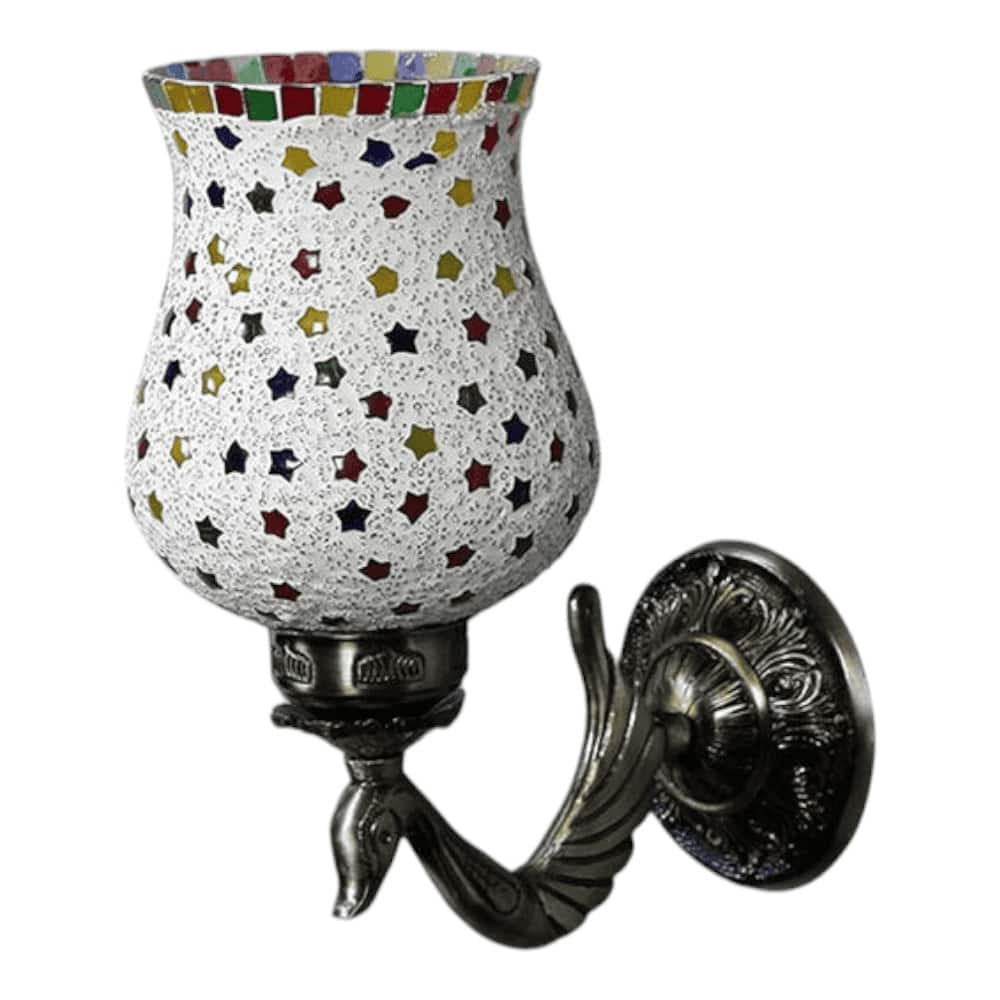 Barley Antique Metal Peacock Wall Lamp with Multicolor Mosaic Glass