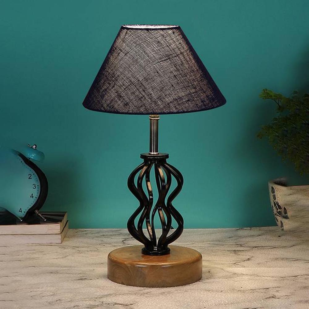 Makayla Blue Jute Table lamp with Wood & Iron Base - Devansh