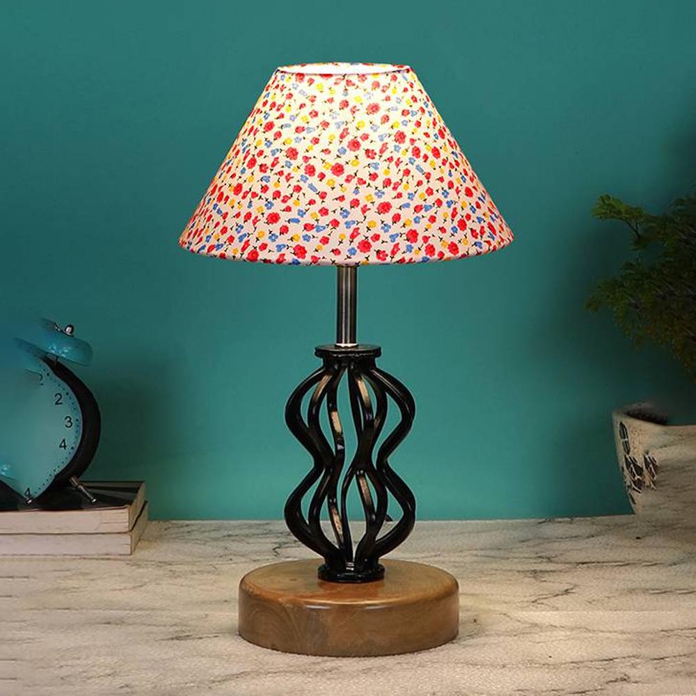 Amina Multicolor cotton Table lamp with Wood & Iron Base