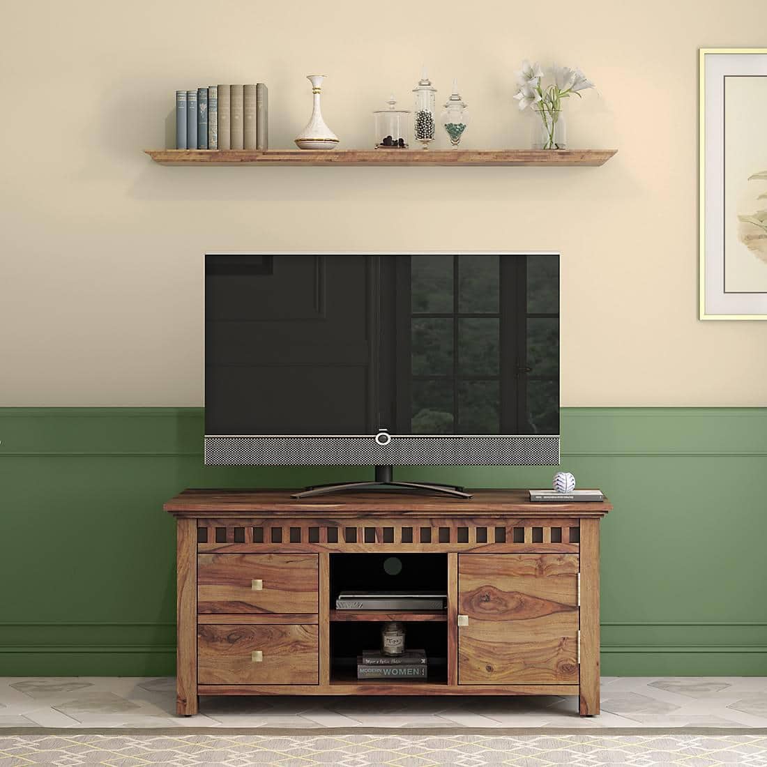 Fidora Solid Wood Free Standing TV Unit in Teak Finish