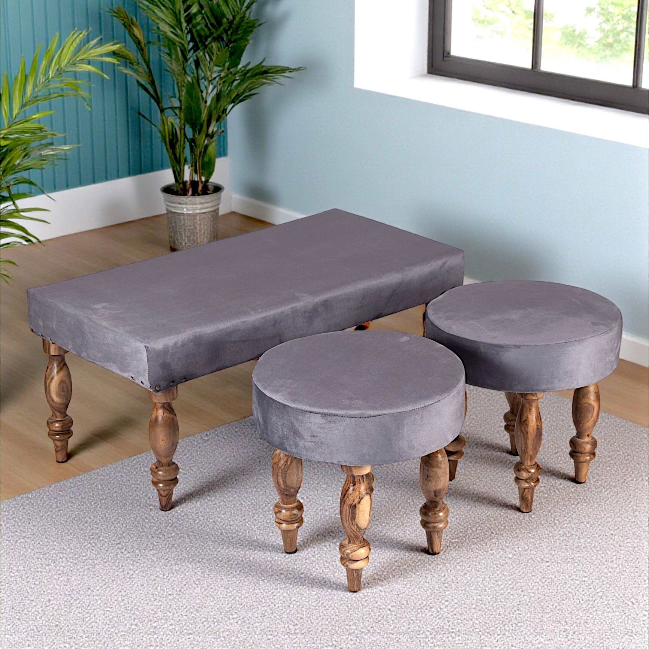 Bestone Sheesham Wood Accent Seater Bench Set  2 Stools In Iron Grey Velvet