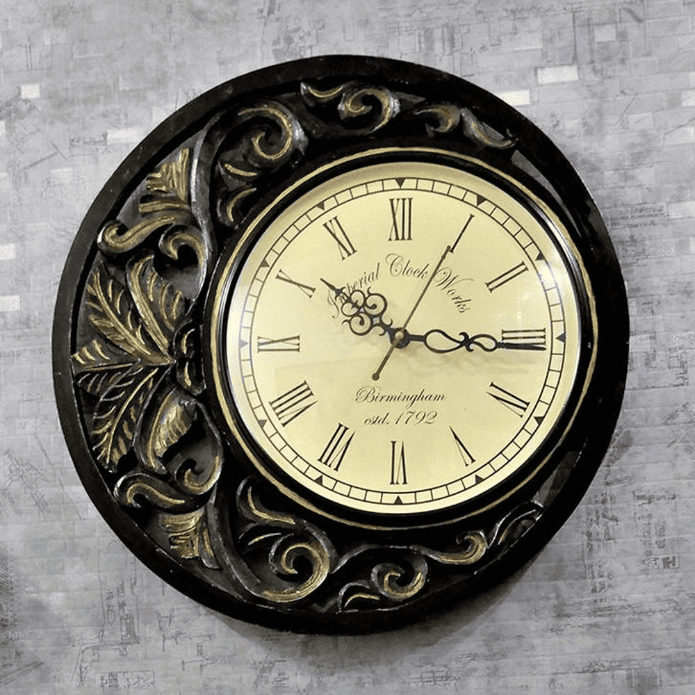 Michael Black & Gold Engineered Wood Round Wall Clock