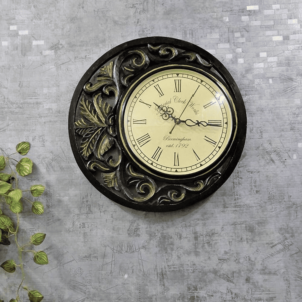 Michael Black & Gold Engineered Wood Round Wall Clock