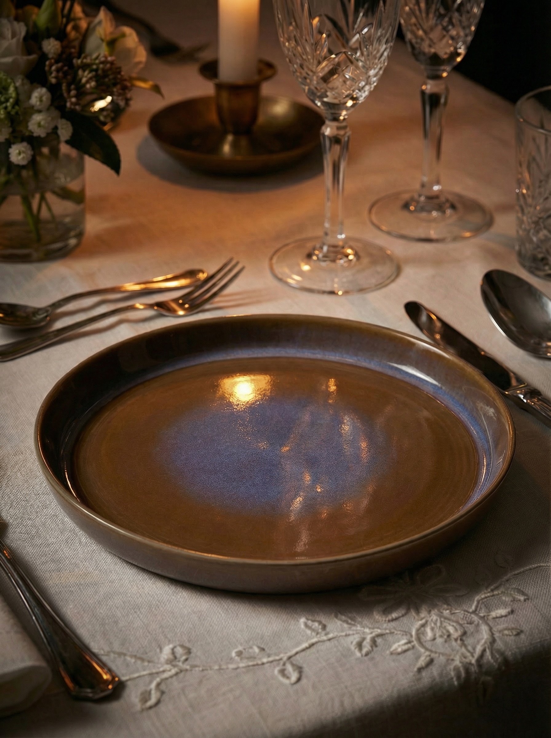 Lifestyle view of khurja pottery ceramic dinner plates brown set for dining