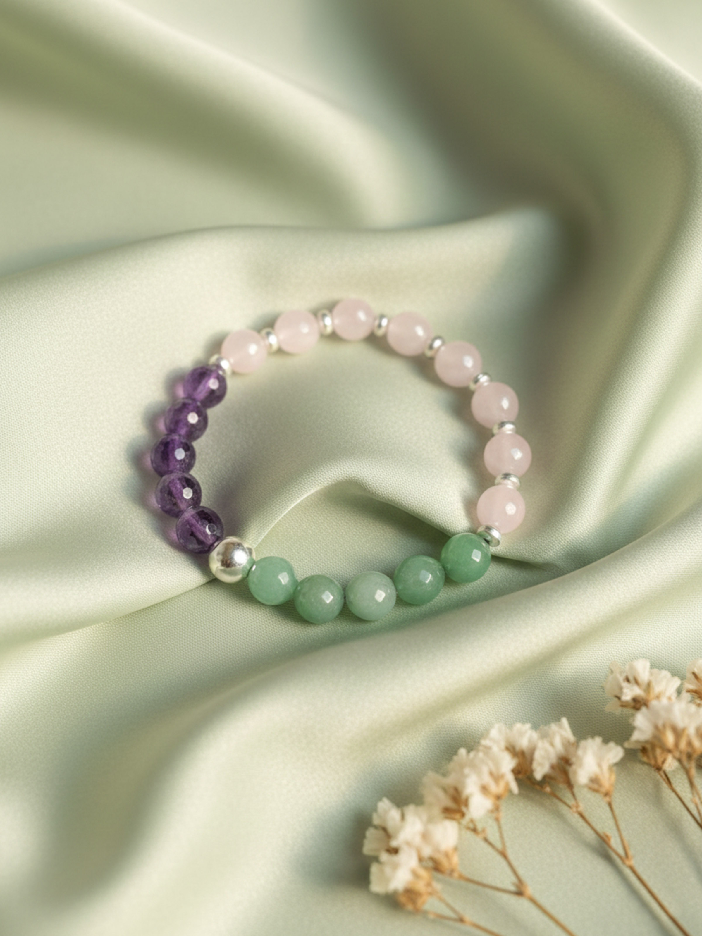 Gemstone Rose Quartz, Amethyst & Green Aventurine Silver Bracelet