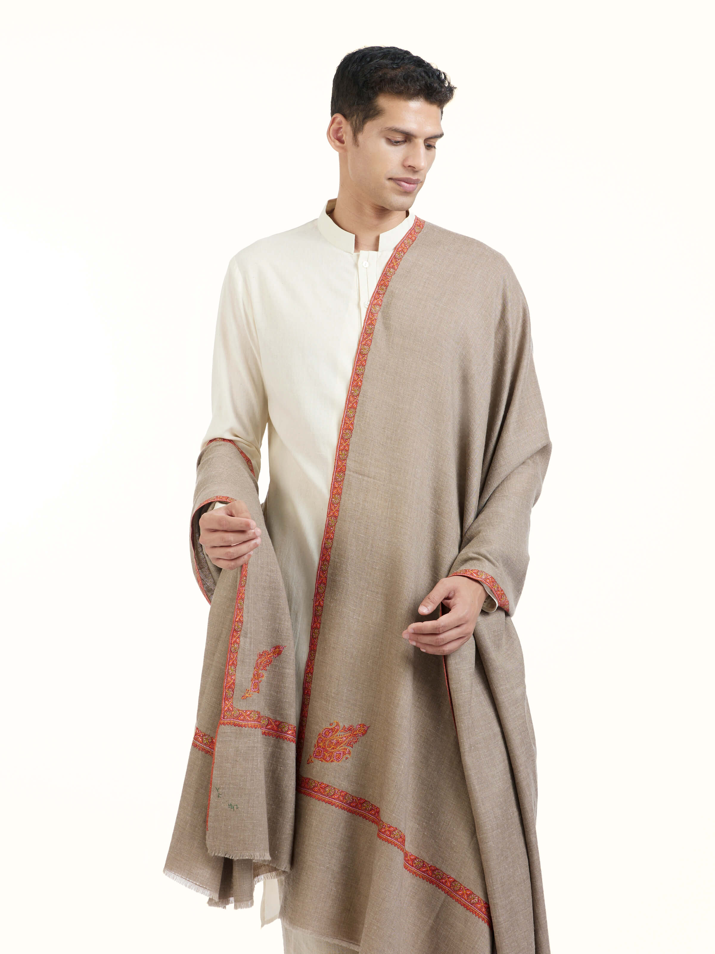 Beige Sozni Hand Embroidered Shawl