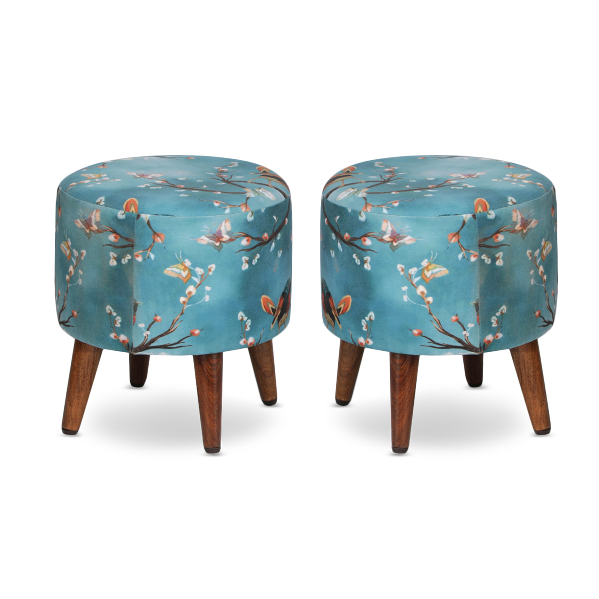 Genevra Solid Wood  Ottomon in  Blue Colour