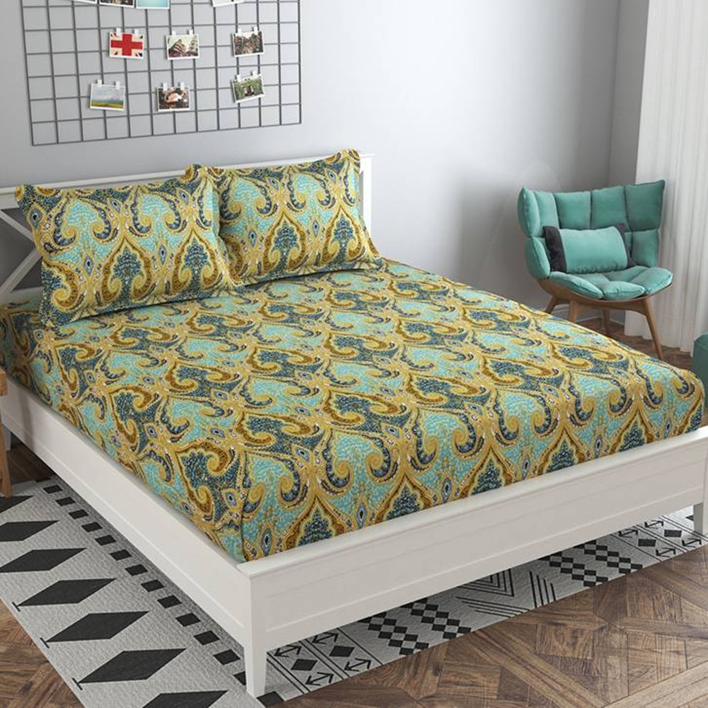 Emma Blue Abstract 160 TC Cotton Double Size Bedsheet with 2 Pillow Covers - Presto