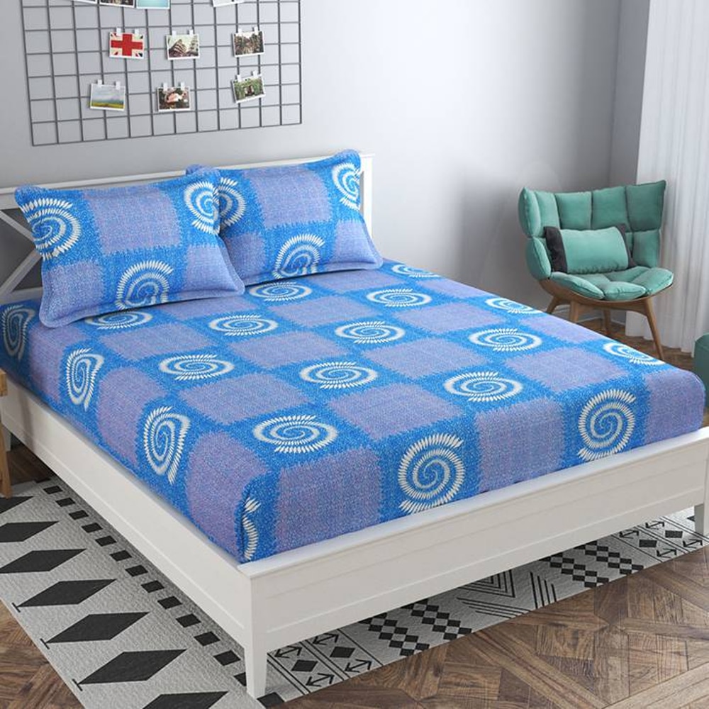 Olivia Blue Abstract 160 TC Cotton Double Size Bedsheet with 2 Pillow Covers