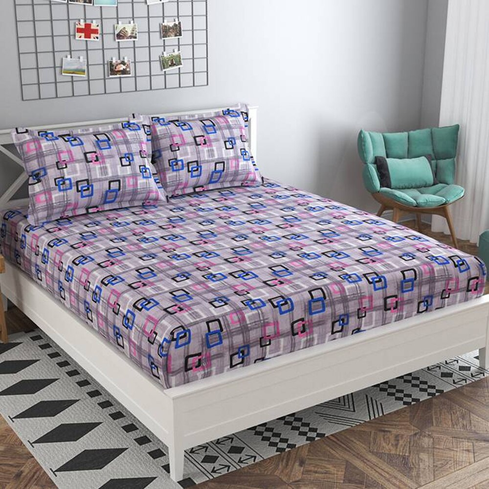 Ines Blue Abstract 160 TC Cotton Double Size Bedsheet with 2 Pillow Covers