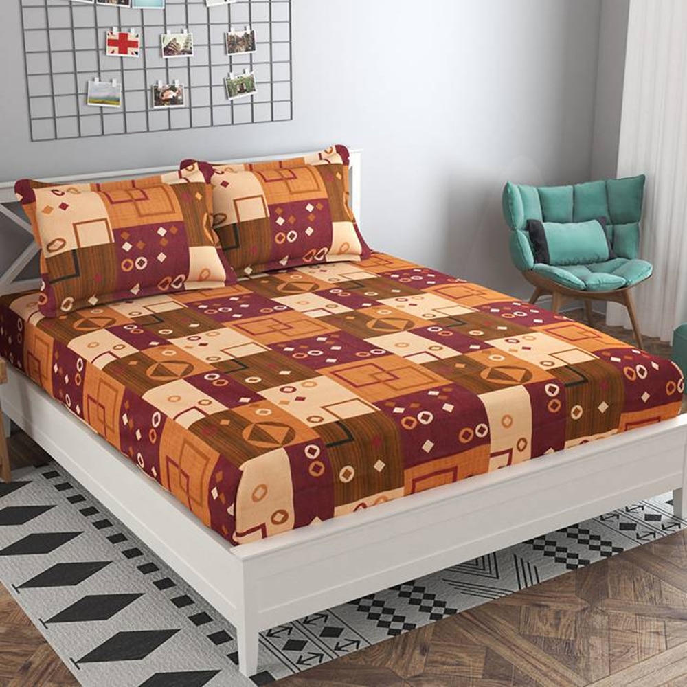 Martina Brown Geometric 160 TC Cotton Double Size Bedsheet with 2 Pillow Covers - Presto
