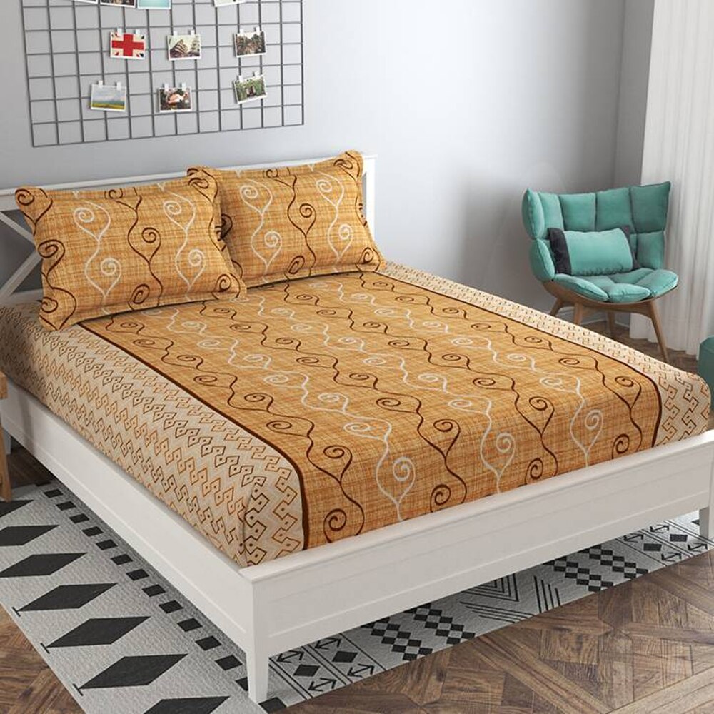 Ariadna Brown Abstract 160 TC Cotton Double Size Bedsheet with 2 Pillow Covers