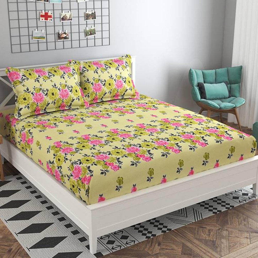 Carmen Green Floral 160 TC Cotton Double Size Bedsheet with 2 Pillow Covers - Presto