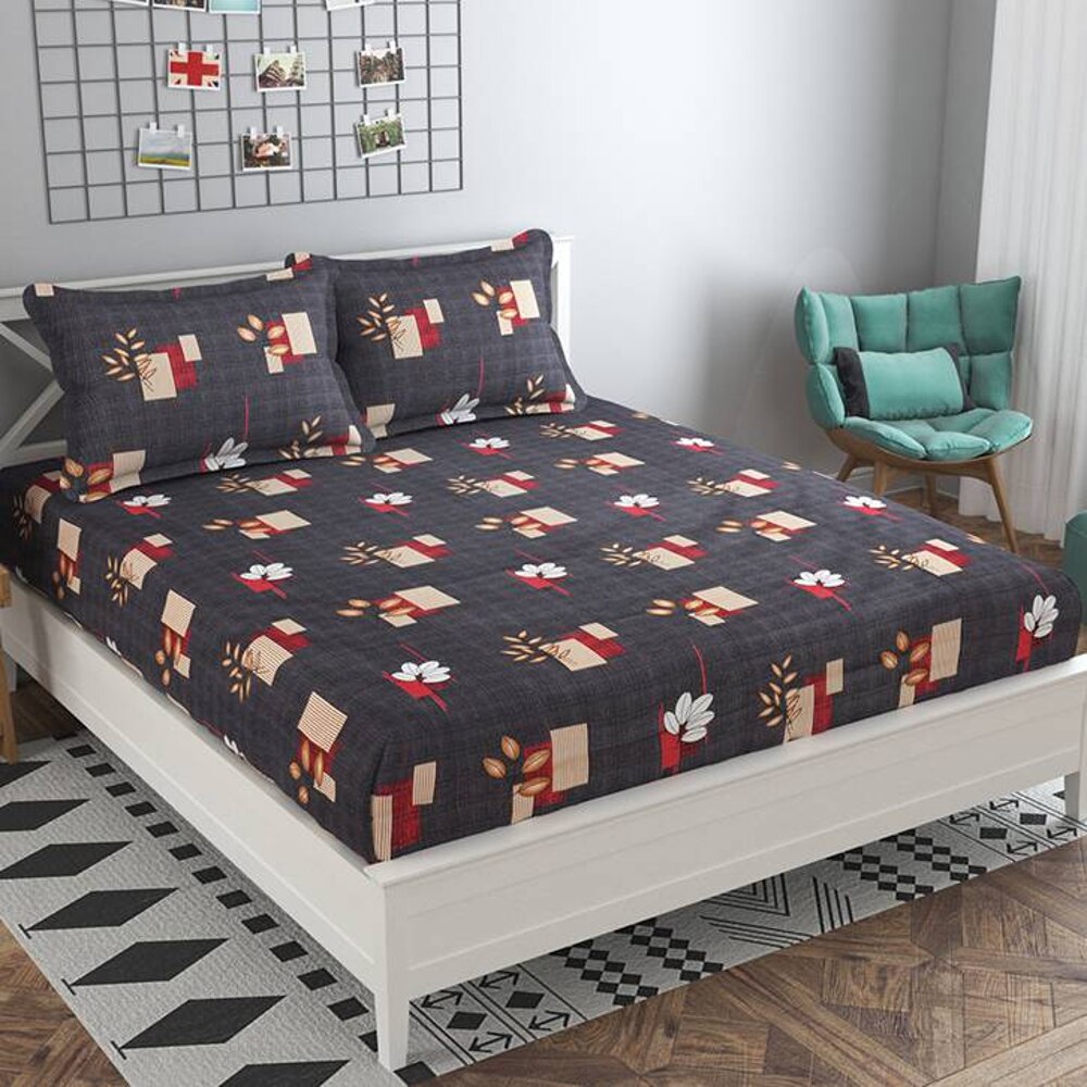 Alma Grey Abstract 160 TC Cotton Double Size Bedsheet with 2 Pillow Covers