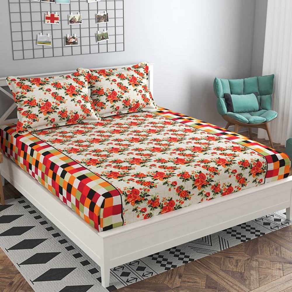 Carla Orange Floral 160 TC Cotton Double Size Bedsheet with 2 Pillow Covers