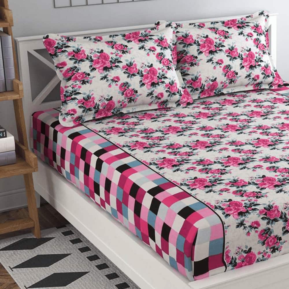 Sara Pink Floral 160 TC Cotton Double Size Bedsheet with 2 Pillow Covers