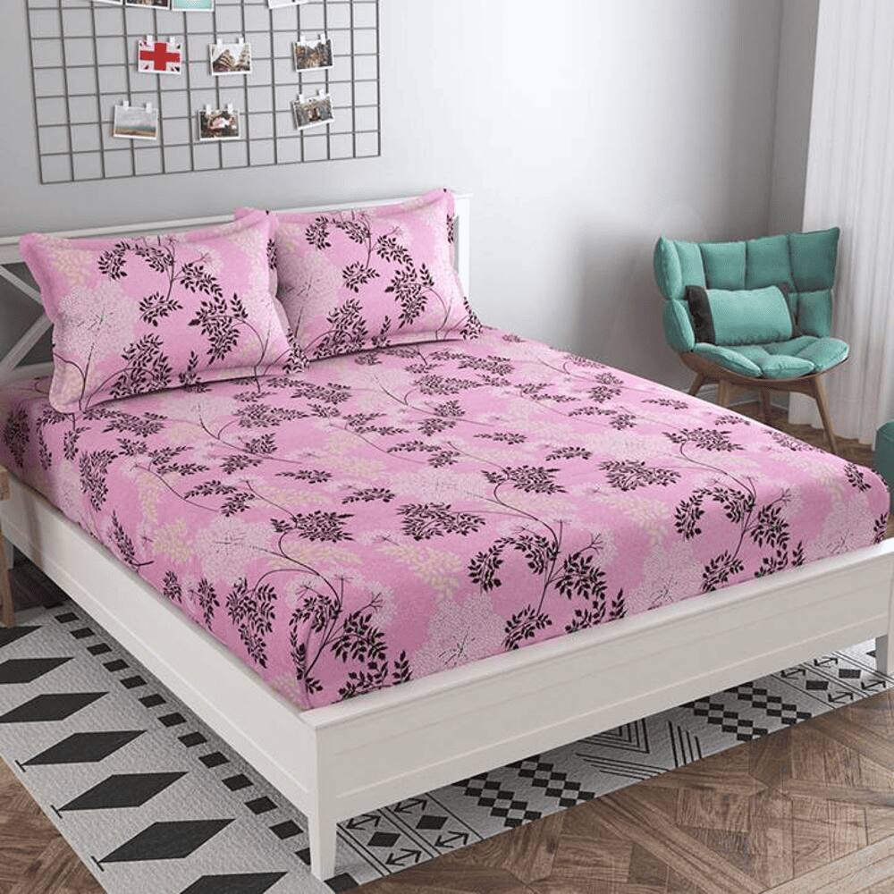 Irene Pink Floral 160 TC Cotton Double Size Bedsheet with 2 Pillow Covers