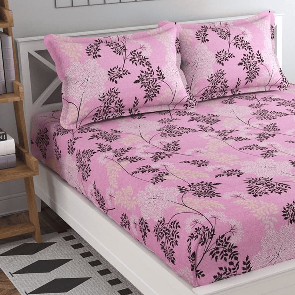Irene Pink Floral 160 TC Cotton Double Size Bedsheet with 2 Pillow Covers