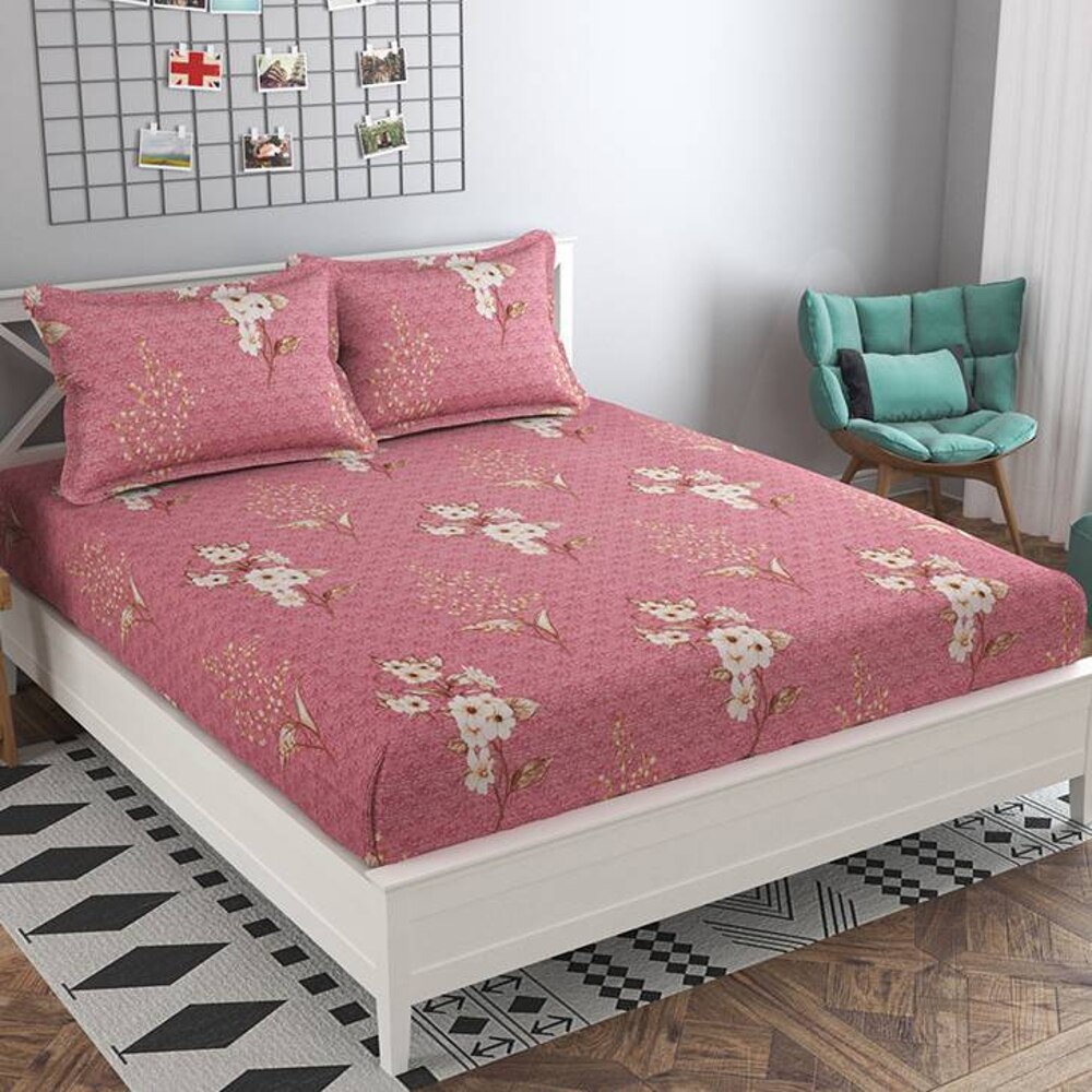 Adriana Pink Floral 160 TC Cotton Double Size Bedsheet with 2 Pillow Covers