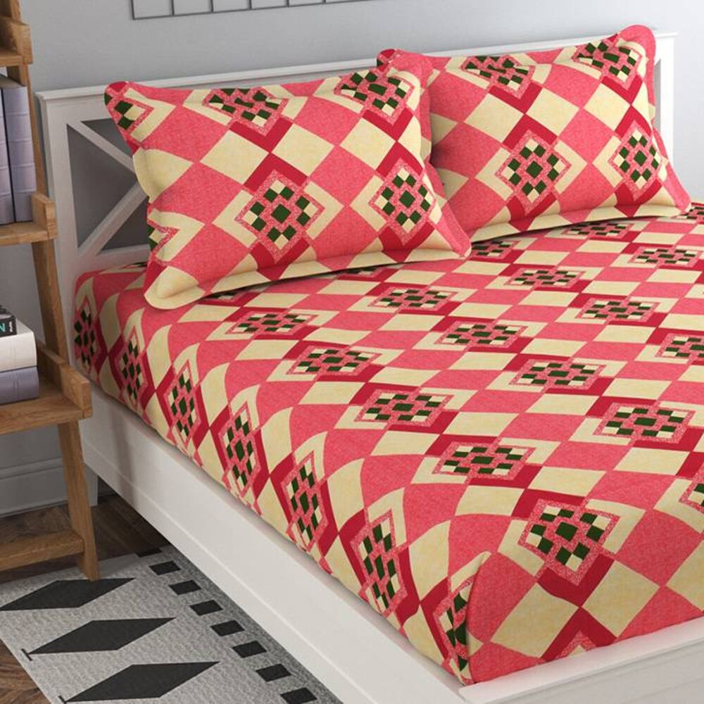 Elena Pink Abstract 160 TC Cotton Double Size Bedsheet with 2 Pillow Covers