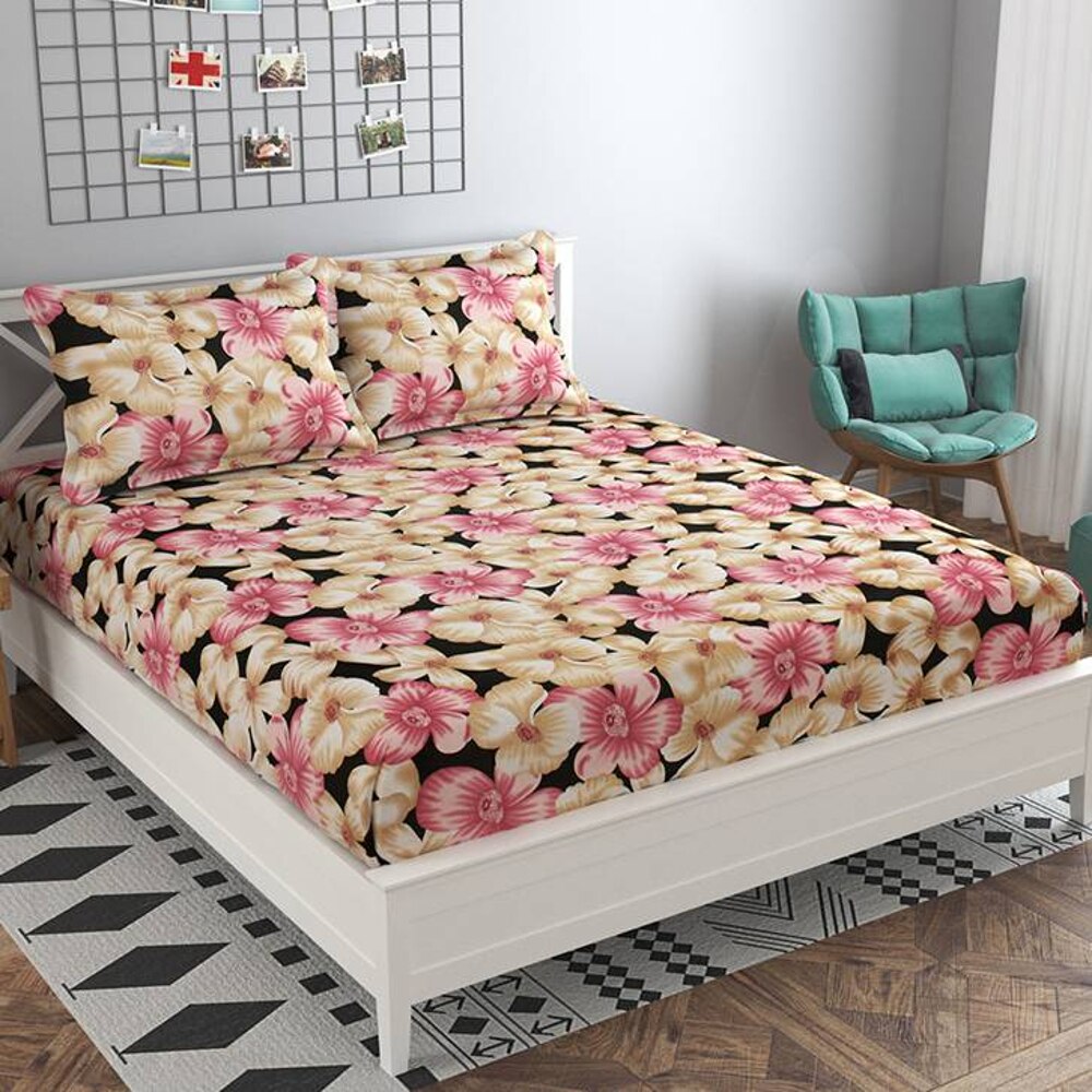 Vega Pink Floral 160 TC Cotton Double Size Bedsheet with 2 Pillow Covers