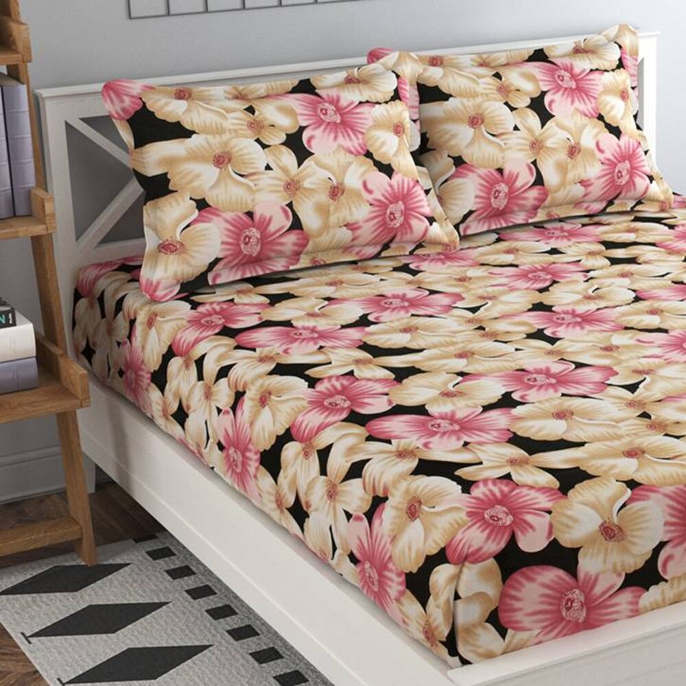 Vega Pink Floral 160 TC Cotton Double Size Bedsheet with 2 Pillow Covers