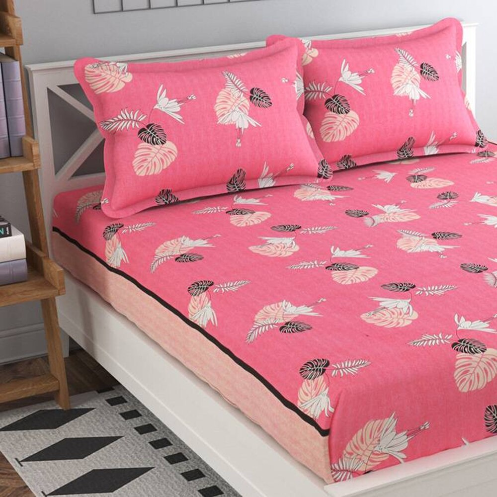 Diego Pink Floral 160 TC Cotton Double Size Bedsheet with 2 Pillow Covers