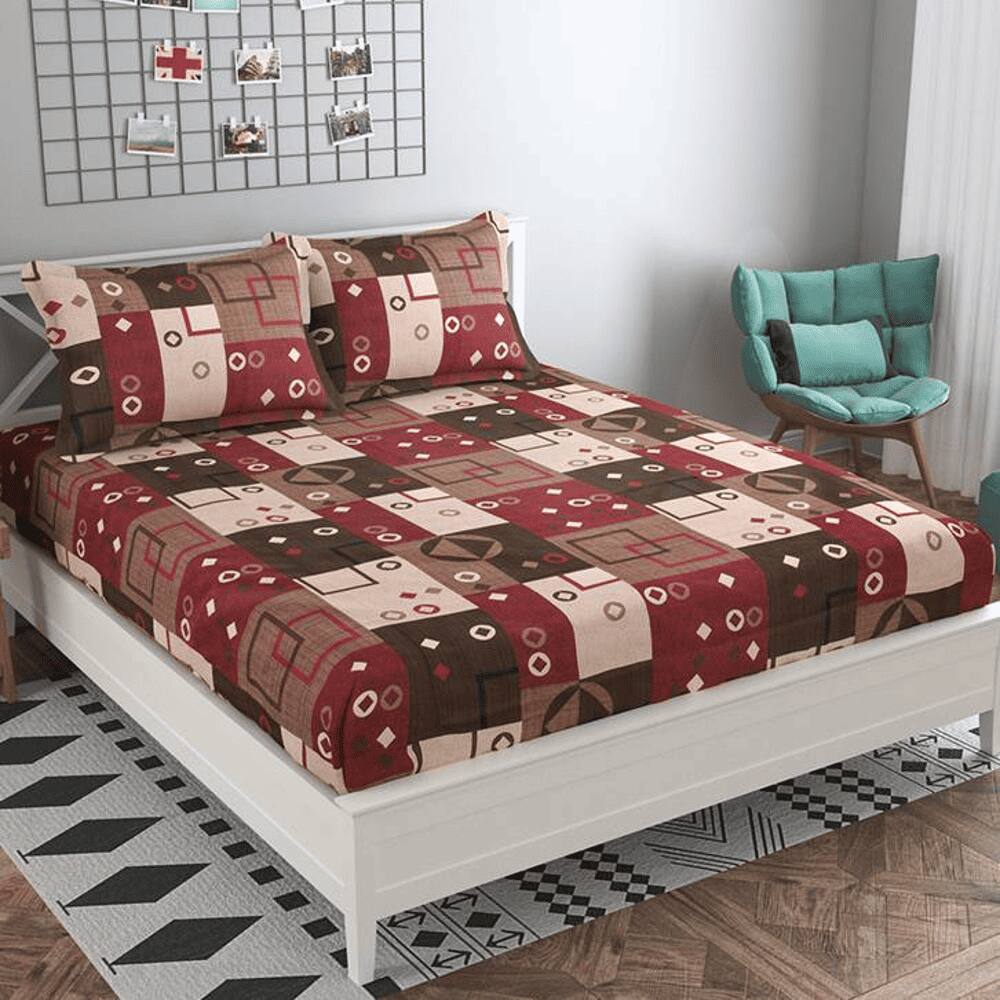 Paula Purple Geometric 160 TC Cotton Double Size Bedsheet with 2 Pillow Covers